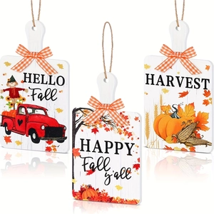 Set of three fall themed wooden door hangers with harvest illustrations and bows