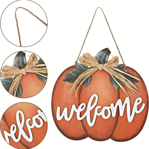 Autumn harvest pumpkin welcome sign with raffia bow for front door home decor