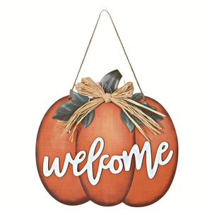 Wooden Pumpkin Welcome Door Sign Orange Autumn Harvest Thanksgiving Home Front Door Hanging Decoration With Raffia Bow