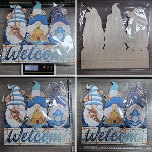 Detail view of beach gnome welcome sign showing 30x30cm size and 157g weight measurements
