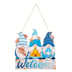 Nautical gnome welcome sign with blue beach theme for summer home wall and door decor