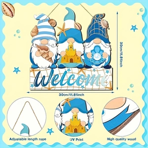 Nautical gnome wooden welcome door sign with ocean beach theme and starfish details
