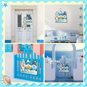 Nautical gnome wooden welcome sign with sea elements for summer beach home wall decoration