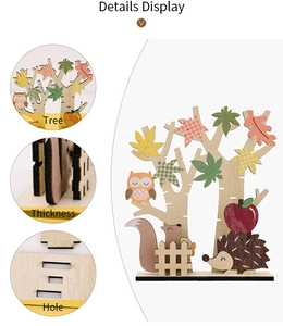 Detail view of Thanksgiving wooden decor showing assembly holes, thickness, and leaf design