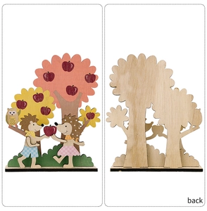 Front and back detail of Thanksgiving wooden desktop decor with hedgehog and apple tree