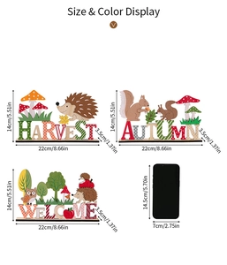 Detailed dimensions of Autumn wooden harvest table signs with hedgehog and squirrel motifs