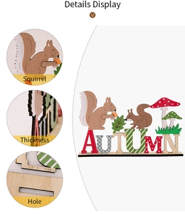 Detail view of wooden Autumn sign showing squirrel decor and base slot thickness
