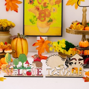 Detailed harvest wood decor with Welcome and Harvest text for Thanksgiving tabletop