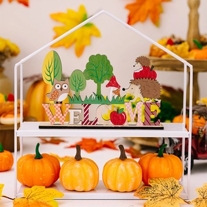 Macro shot of Welcome wooden owl sign with mini pumpkins in a white metal house frame