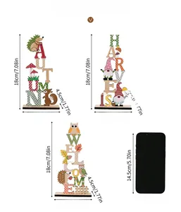 Size display of autumn wooden signs with squirrel and owl harvest themed decor
