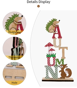 Detail of autumn wooden table decor showing hedgehog print, board thickness and base slot