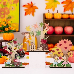 Wooden Thanksgiving table decor set with hedgehog, squirrel, and autumn maple tree shapes