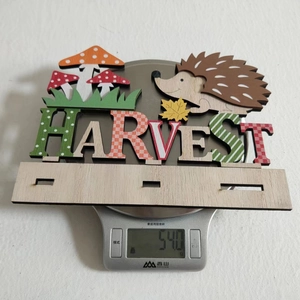 Kitchen scale showing the 54.0g weight of the wood harvest hedgehog ornament