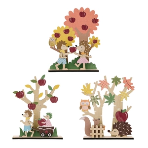 Three-piece wooden autumn forest decor set with hedgehog and squirrel table ornaments