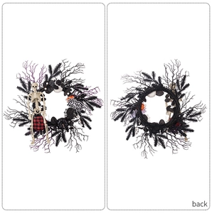 Detailed front and back view of Halloween wreath with skeletons and pumpkins
