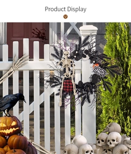Detail of Halloween wreath with skull, black pumpkin and Happy Halloween spider web sign