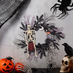 Close-up of Halloween wreath with skull, pumpkin, and Happy Halloween sign on wall