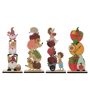 Set of 4 autumn wood gnome and hedgehog ornaments for Thanksgiving harvest decor