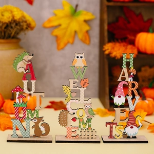 Three-piece wooden autumn tabletop signs featuring Autumn Welcome and Harvest letters