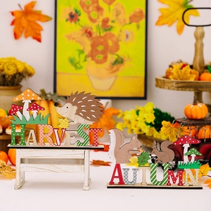 Harvest and Autumn wooden tabletop ornaments with cute squirrel and hedgehog animal designs