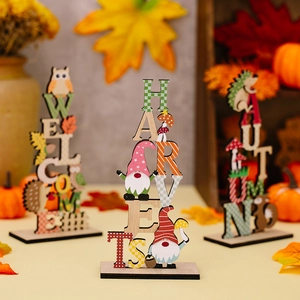 Three-piece autumn harvest wooden desktop signs with owl, hedgehog, and pumpkin decor