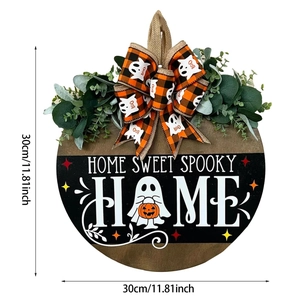 Halloween Home Sweet Spooky Targa Porta in Legno Fantasma Zucca Tonda Con Fiocco a Quadretti e Verde Per Decorazione Parete