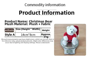 Detail view of 14cm plush Christmas bear showing dimensions and 31g weight measurement