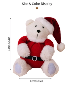 Detail view of small white Christmas plush bear in red suit with size dimensions 14x8 cm