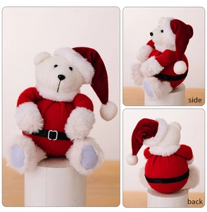 Three-view display of a plush Christmas polar bear toy showing front side and back