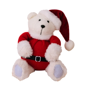 Cute white teddy bear plush in classic red Santa outfit for Christmas decoration