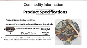 Detailed Halloween drum specifications showing dimensions of 25cm and material info