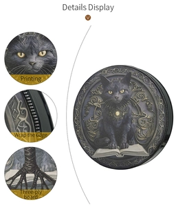 Detail view of gothic black cat print and three-layer wood construction on magic drum