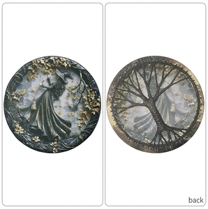 Detailed 3D relief of a witch under an autumn tree on a Gothic style magic drum