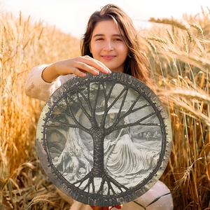 Macro detail of a Celtic Tree of Life drum with mysterious goddess design in nature