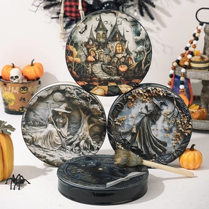 Set of 4 Halloween themed drums with witch, castle and black cat 3D embossed designs