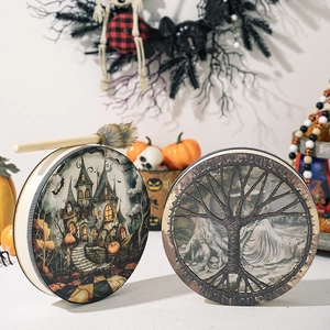 Halloween shaman drum set with spooky pumpkin castle and mystic tree root designs