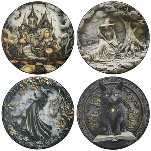 Set of four 3D relief Halloween magic drums featuring witch, black cat and castle designs