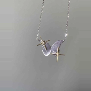 Purple Butterfly Star Starburst Pendant Necklace Copper Zircon Brushed Metal French Elegant Clavicle Chain For Women