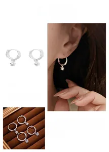 Détails des boucles d'oreilles en argent avec étoile et zircon sur plateau en velours