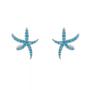 Elegant blue starfish stud earrings featuring sparkling zircon pave in silver setting