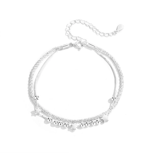 Double-layered silver star charm bracelet with polished beads and adjustable chain link