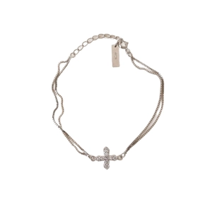 Double-layered S925 sterling silver cross bracelet with shimmering cubic zirconia accents