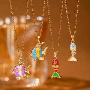 Ocean Enamel Fish Pendant Necklace For Women Stainless Steel Chain Colorful Animal Charm Marine Summer Beach Jewelry Gift