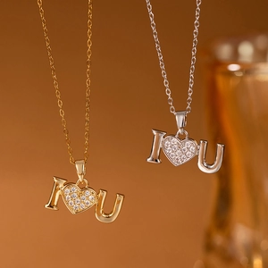 Collier En Acier Inoxydable Pendentif Cuivre Zirconium Lettre Coeur Je Taime Pour Femme Cadeau Bijoux De Mode