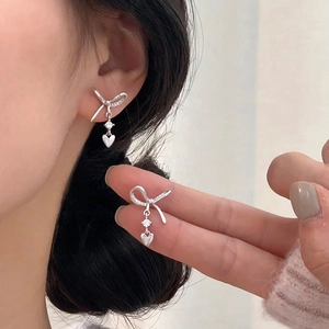 Bowknot Heart Dangle Earrings Copper Zircon Inlaid Silver Plated Sweet Fashion Elegant Daily Jewelry For Women