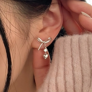 Silver bow heart earrings with cubic zirconia, stylish aesthetic jewelry for women