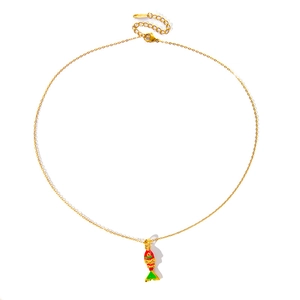 Detailed close-up of colorful enamel fish pendant with S.STEEL hallmark on gold chain