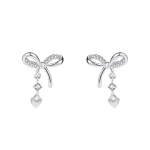 Silver bow heart earrings with sparkling zircon stones and hollow design for women