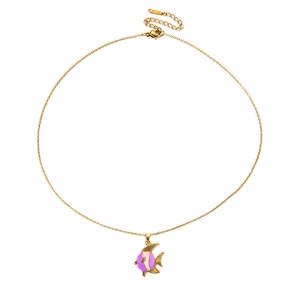 Detail of golden tropical fish pendant with purple and pink enamel on a slim chain