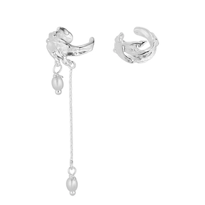 Silver fringe pearl ear cuffs with asymmetric chain and molten texture finish